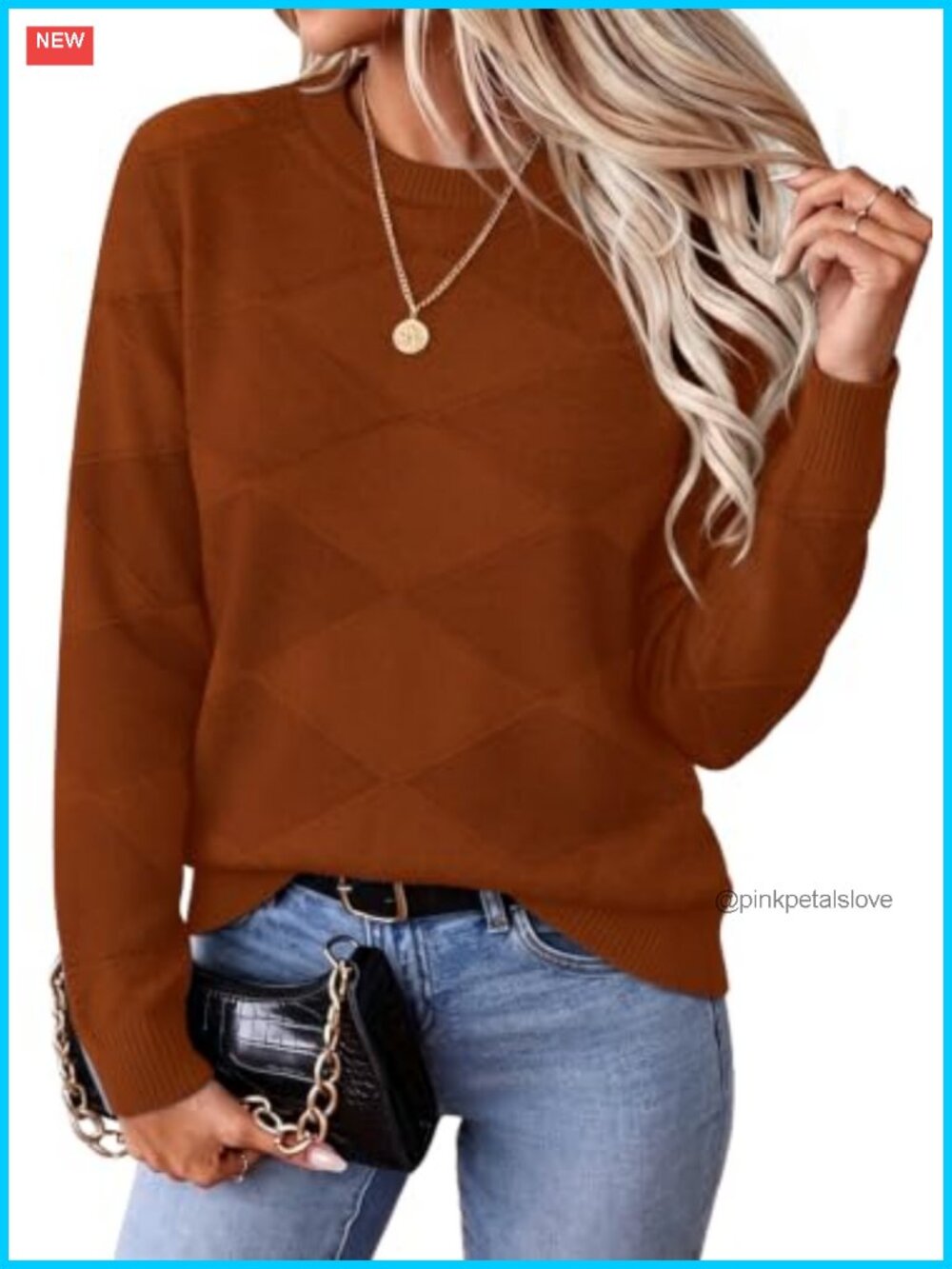 Sweater Women Long Sleeve Crew Neck Pullover Knit Diamond Pattern Fall